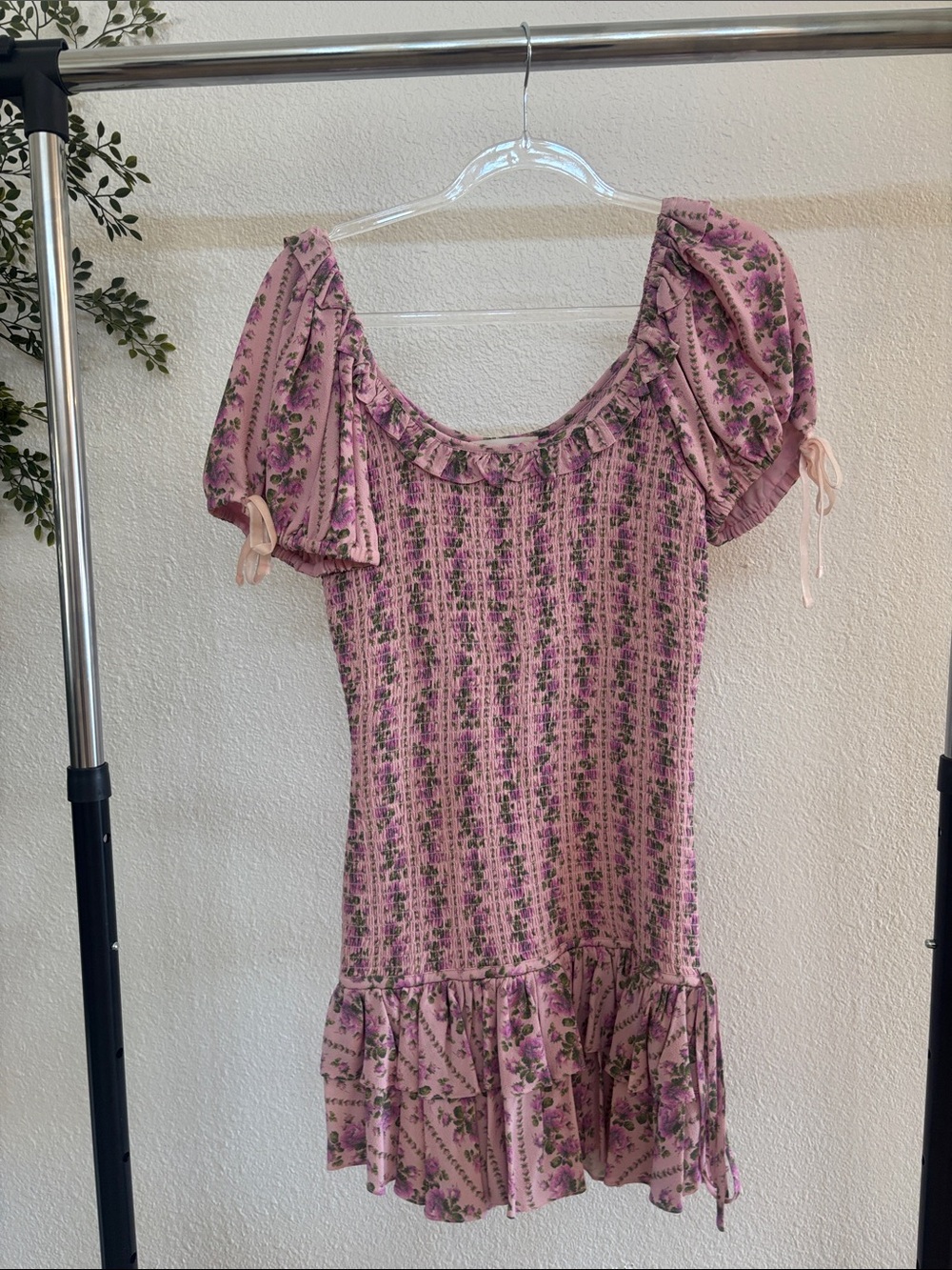 LoveShackFancy Pink Floral Puff Sleeve Mini Dress